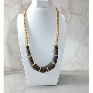 Handmade Necklace Wooden Disk Bead Brown Hand Painted Barrel Closure 28" READ